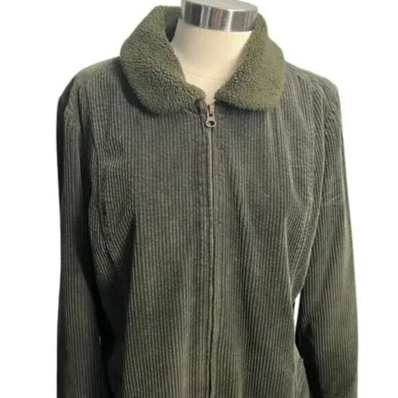J.Jill Green Heritage Olive Green Corduroy Zip Down Sherpa Collar Jacket  Sz L - Picture 4 of 13